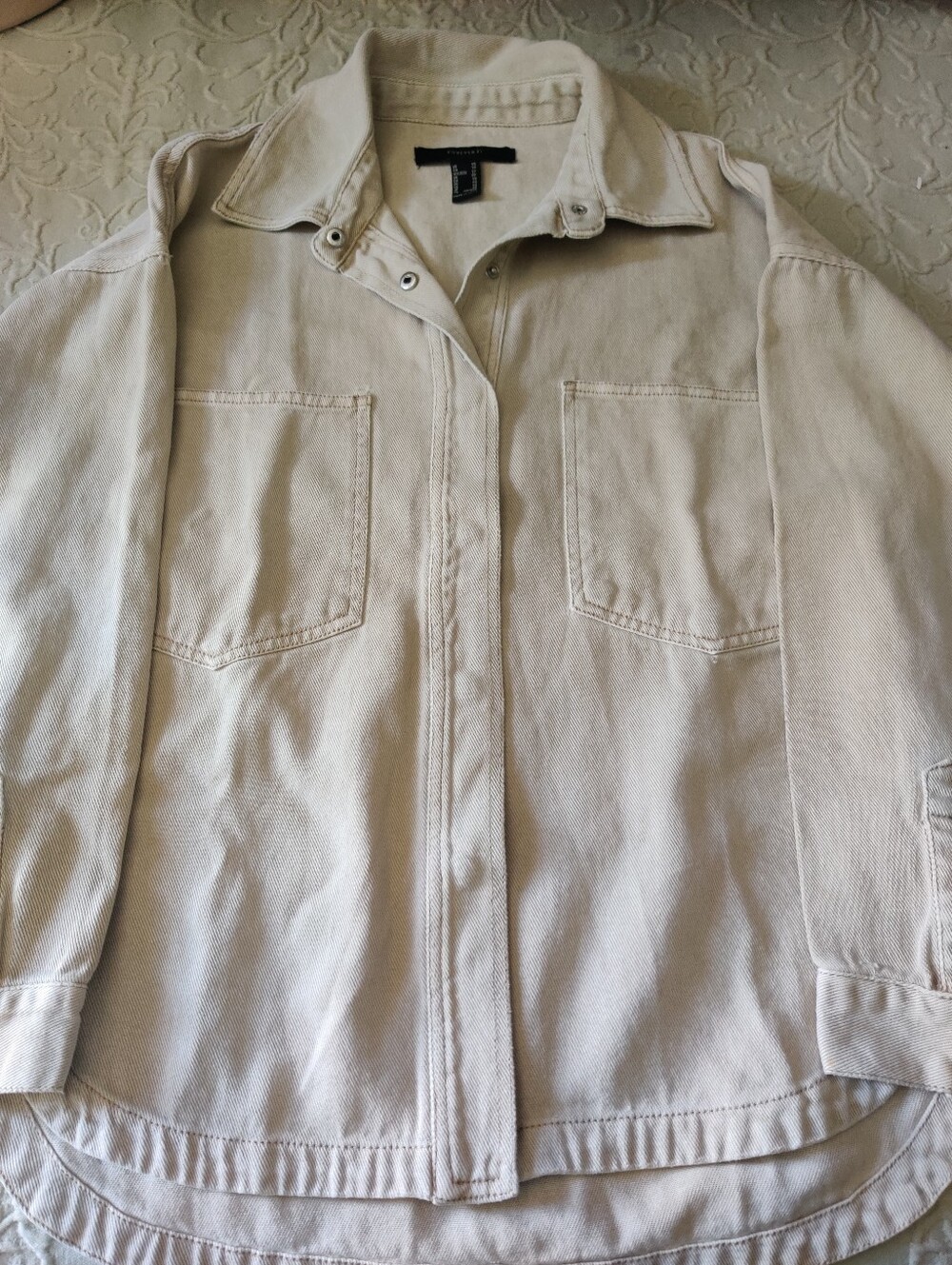 100% Cotton Utility Denim Shacket Shirt Jacket Cream Beige Oversized XS OS